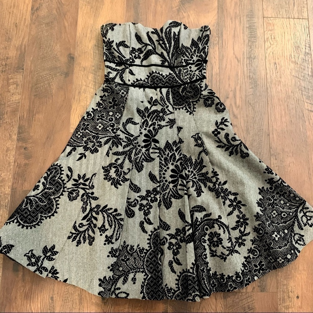 TIBI grey strapless dress with black floral pattern.  Size 4